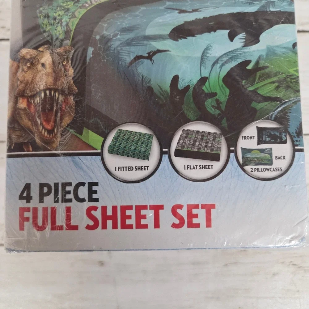 Jurassic World Sheet Set Boys Full Blue 4 Piece Microfiber Dinosaur T-Rex New